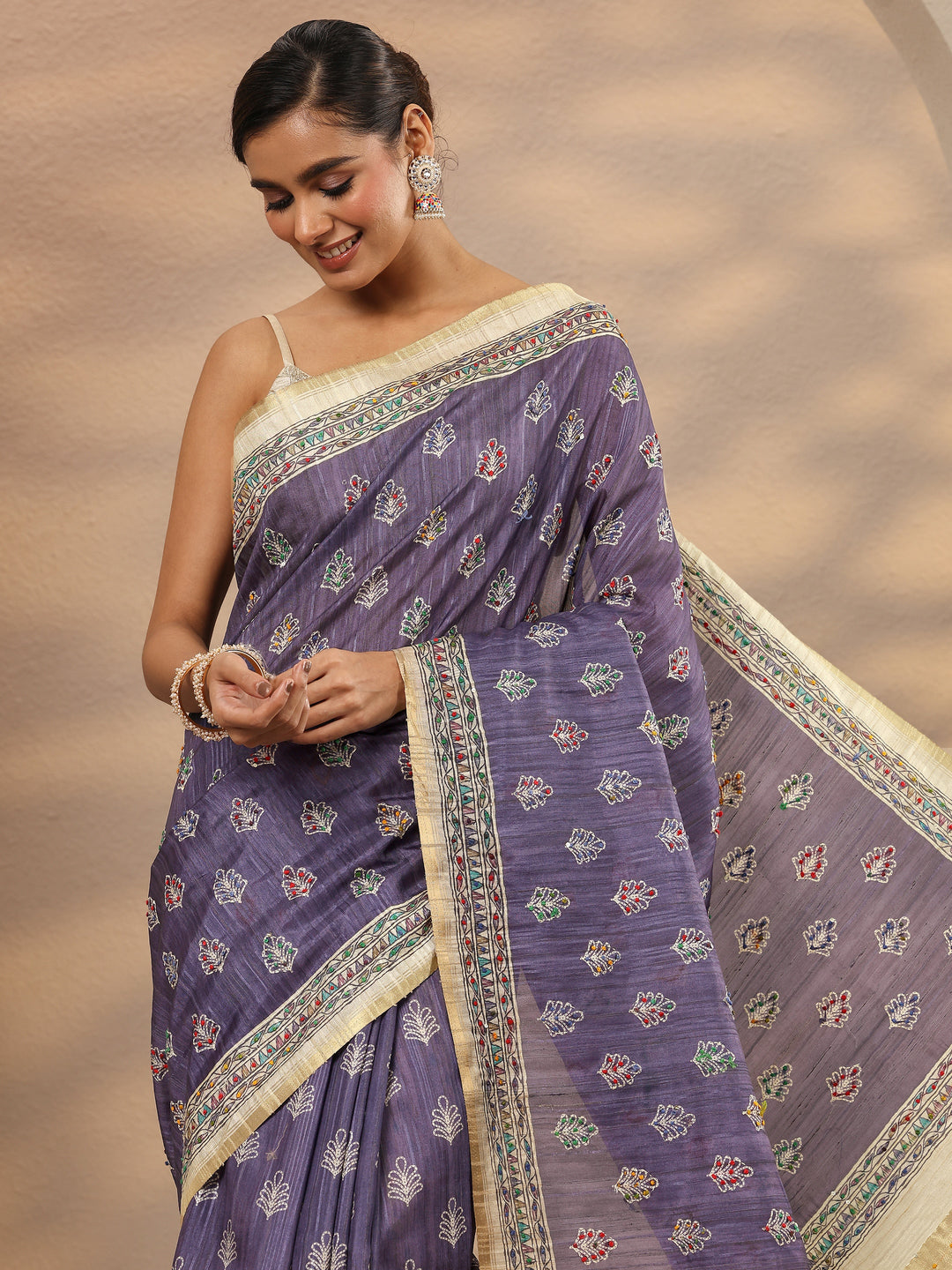  Lavender Printed Silk Blend Saree With Unstitched Blouse Piece 
