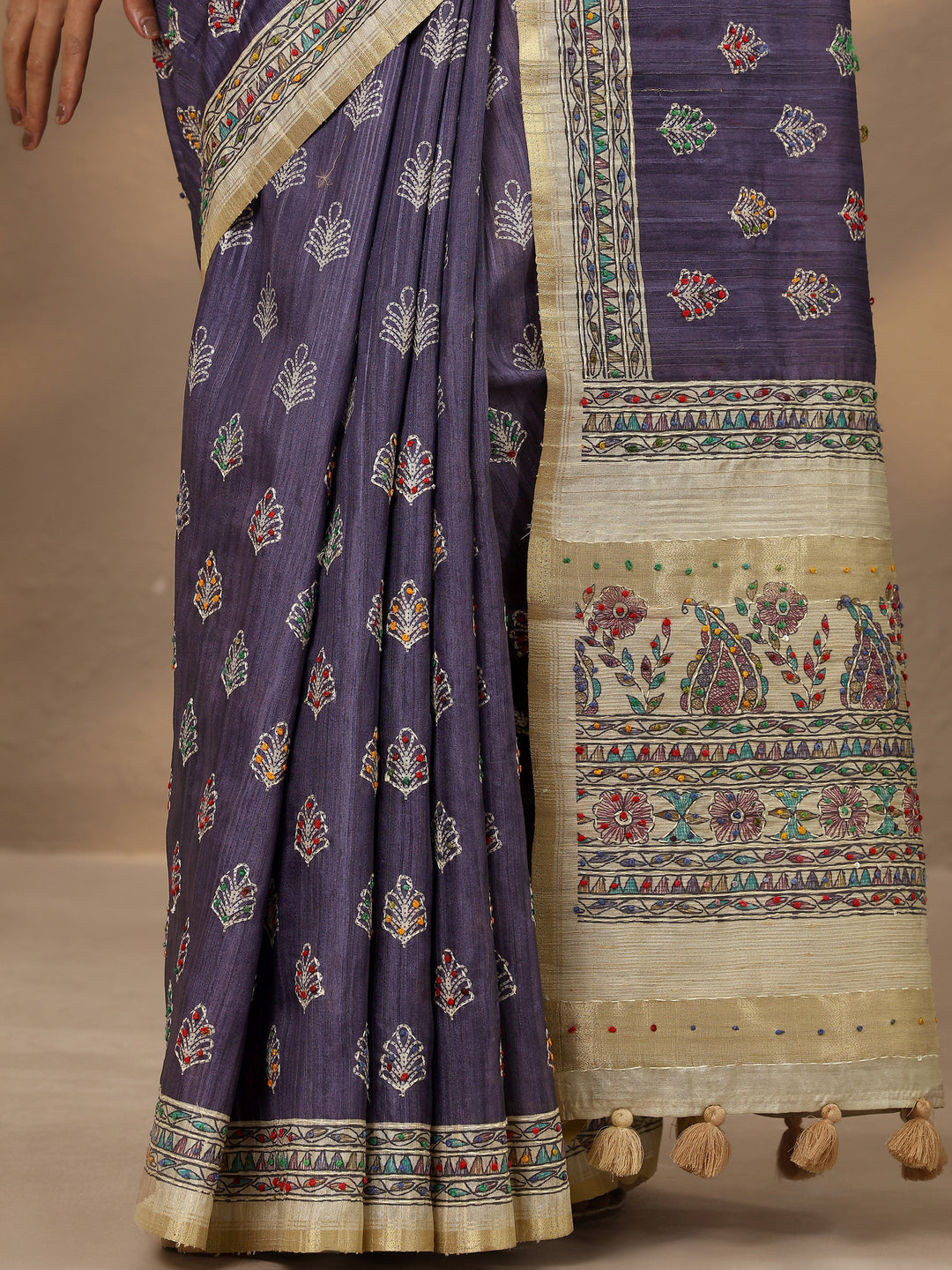  Lavender Printed Silk Blend Saree With Unstitched Blouse Piece 