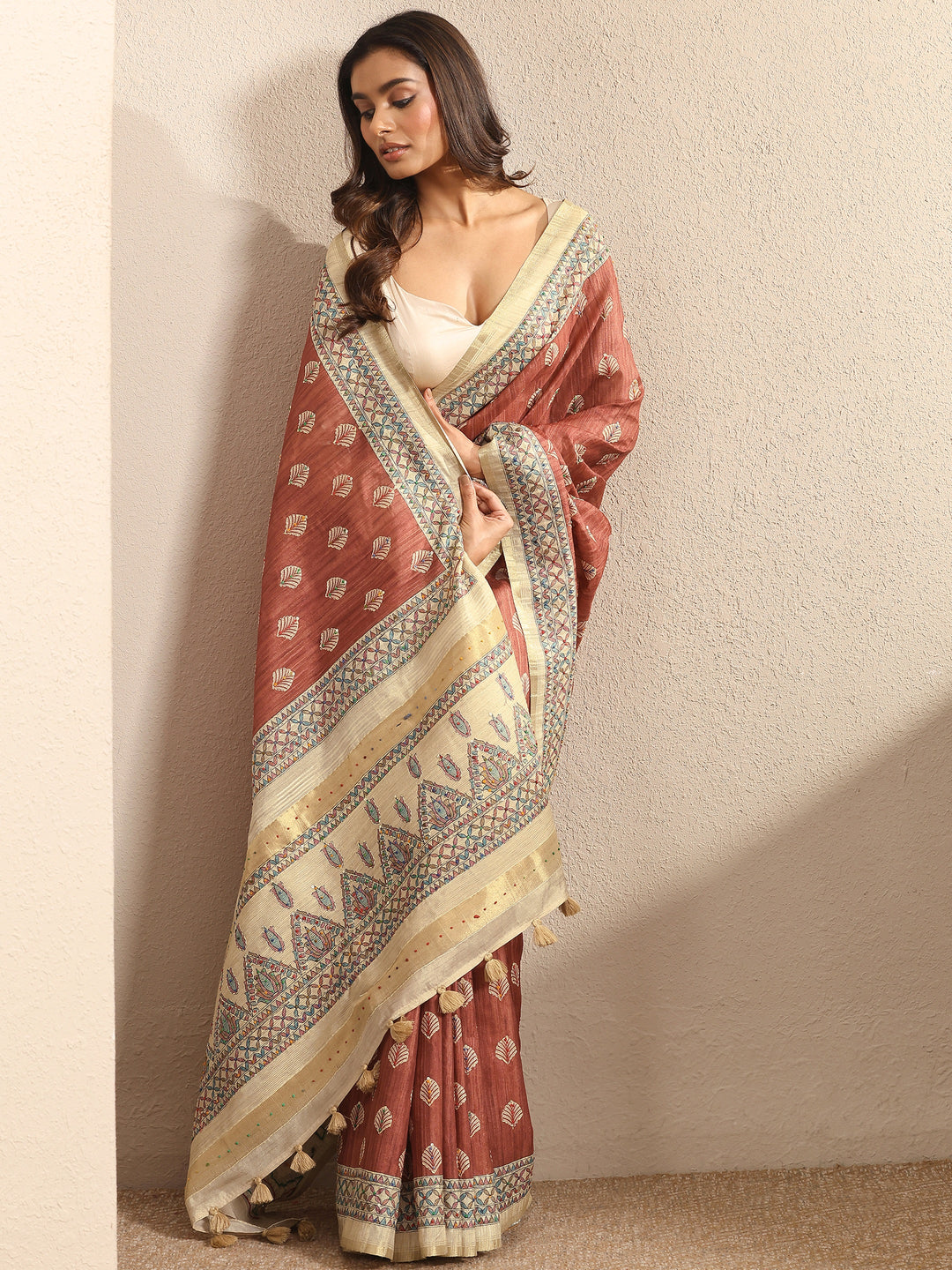  Mauve Printed Silk Blend Saree With Unstitched Blouse Piece 