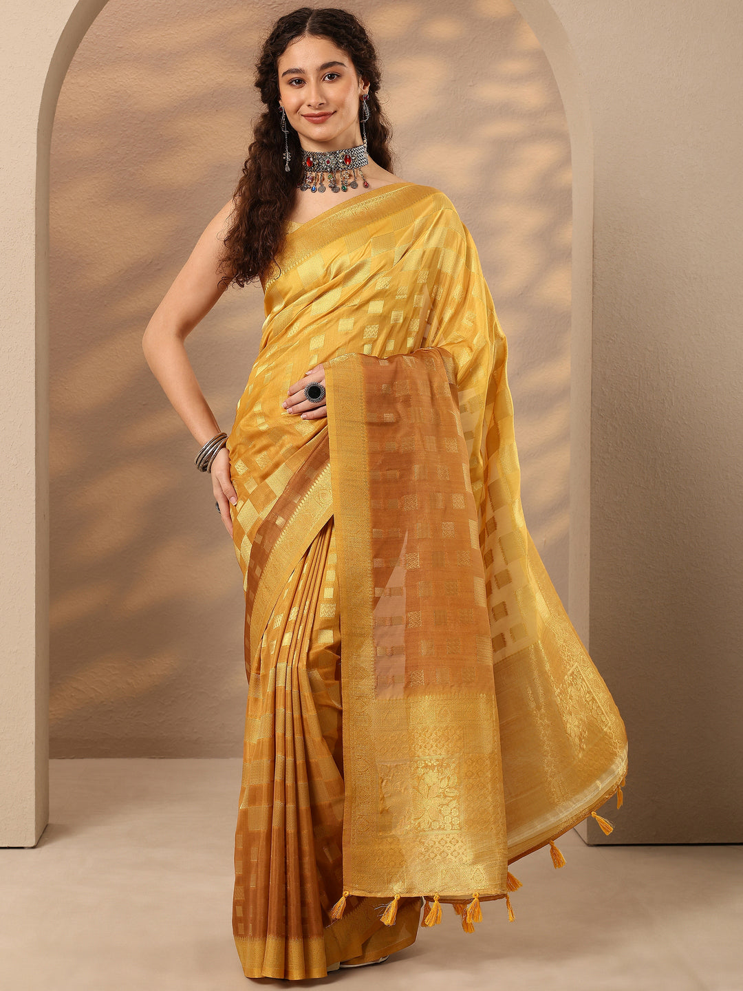  Mustard Woven Design Silk Blend Saree With Unstitched Blouse Piece 