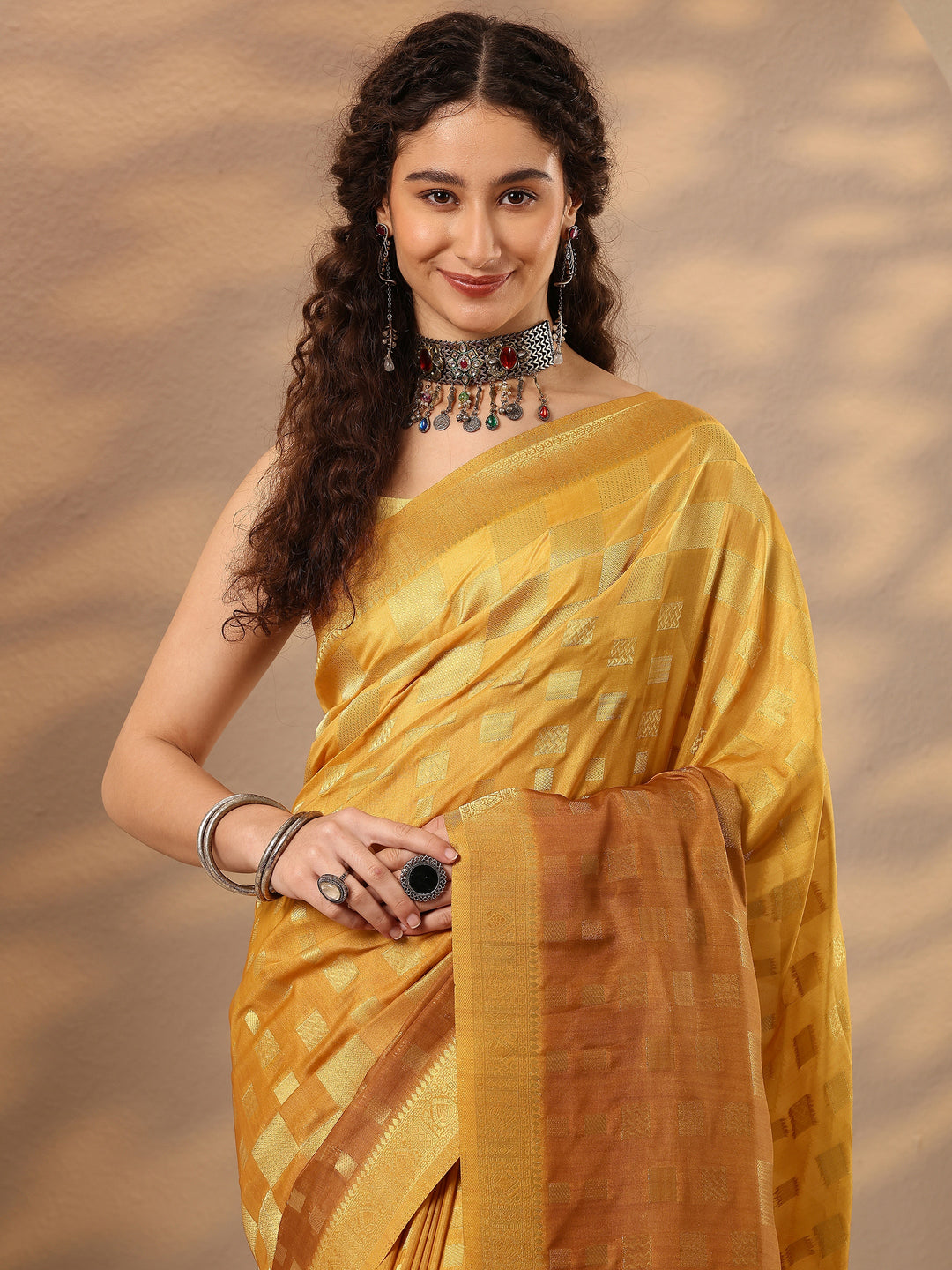  Mustard Woven Design Silk Blend Saree With Unstitched Blouse Piece 