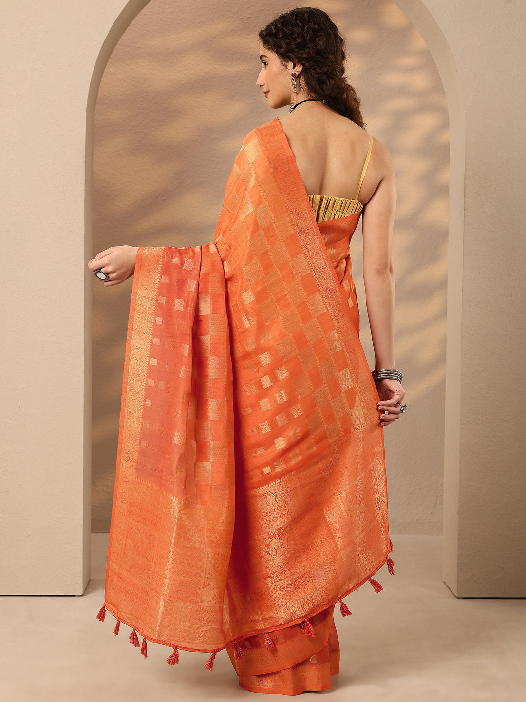  Orange Woven Design Silk Blend Saree With Unstitched Blouse Piece 