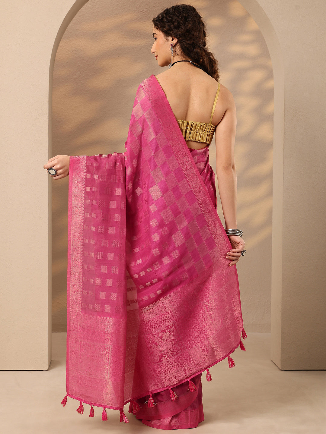  Pink Woven Design Silk Blend Saree With Unstitched Blouse Piece 