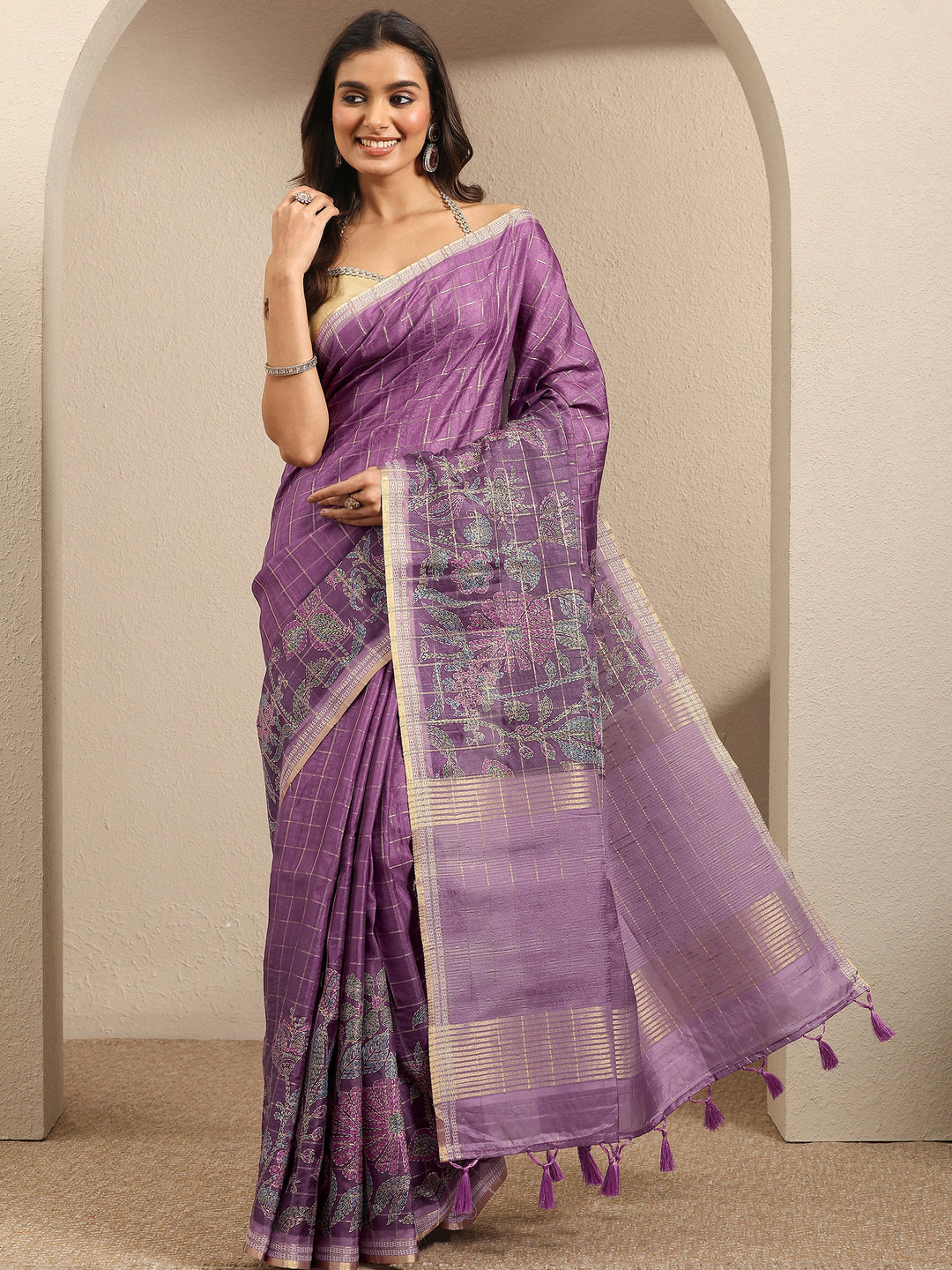  Purple Printed Silk Blend Saree With Unstitched Blouse Piece 