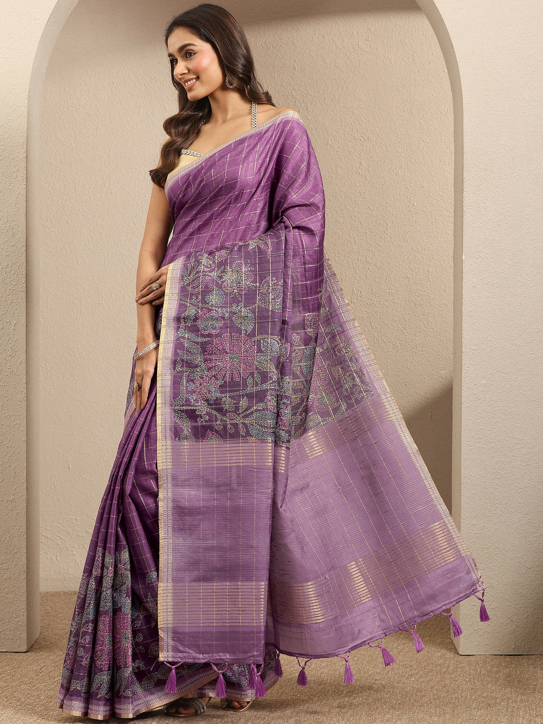  Purple Printed Silk Blend Saree With Unstitched Blouse Piece 