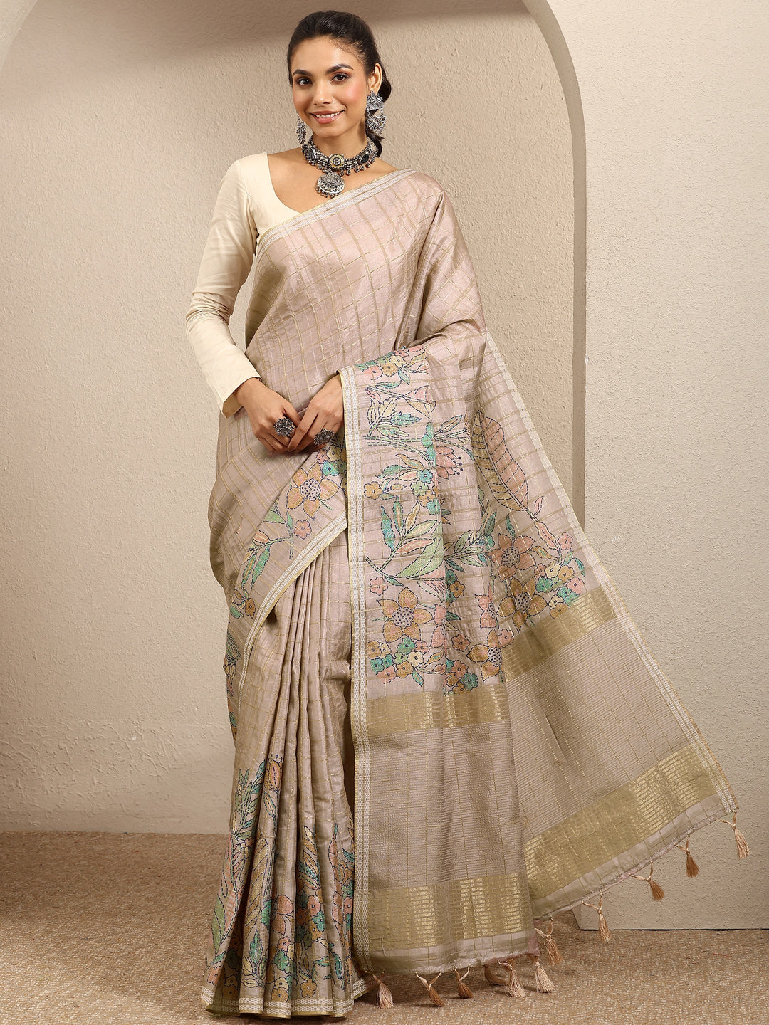  Beige Printed Silk Blend Saree With Unstitched Blouse Piece 