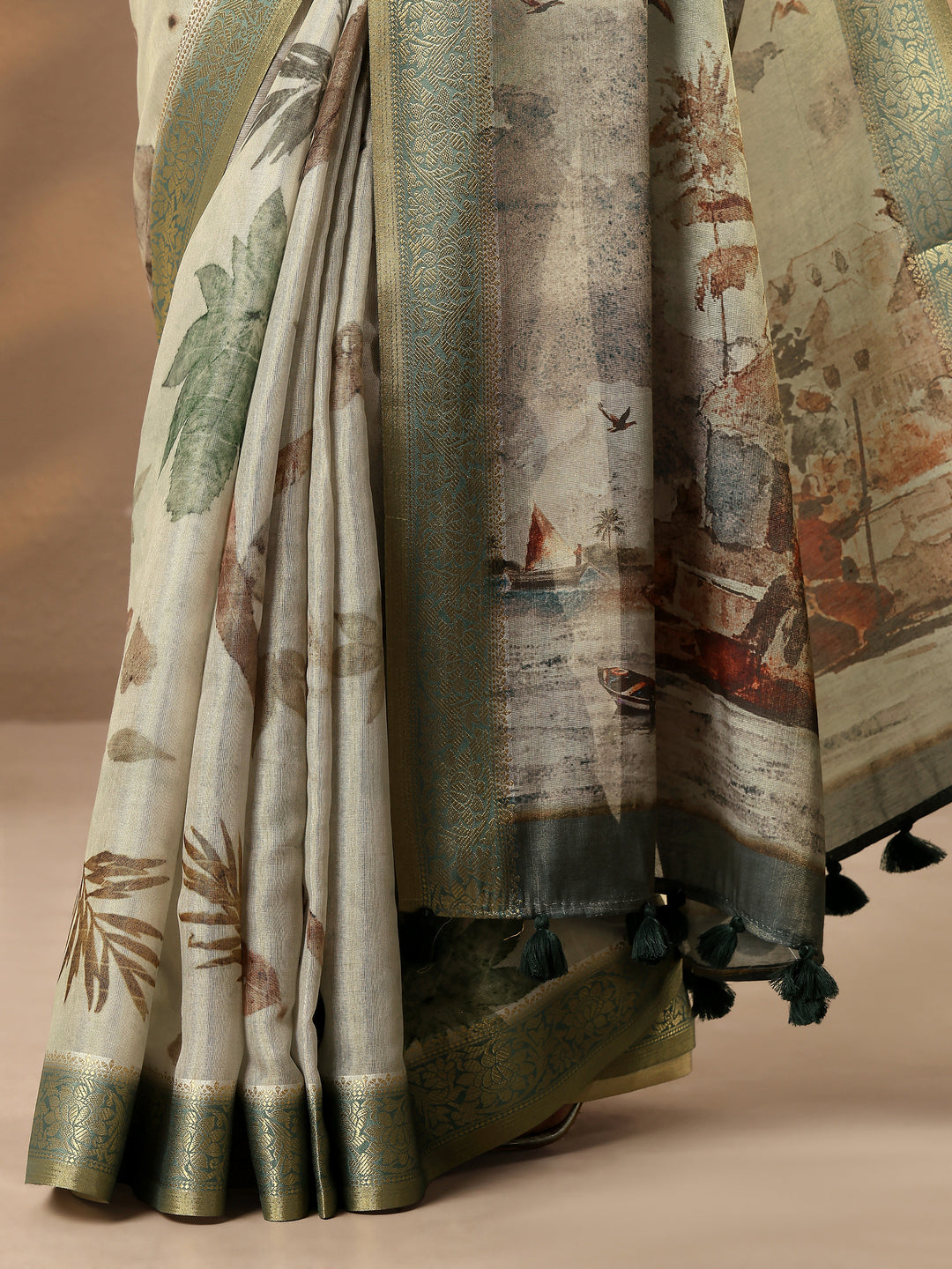  Beige Printed Silk Blend Saree With Unstitched Blouse Piece 