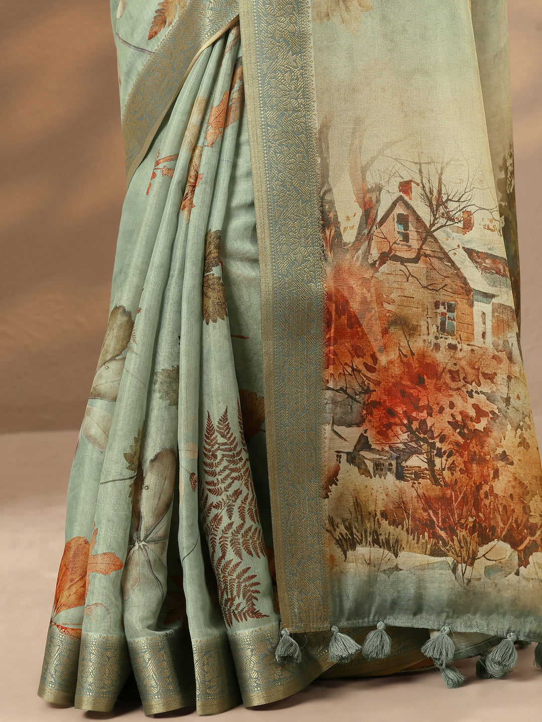  Green Printed Silk Blend Saree With Unstitched Blouse Piece 