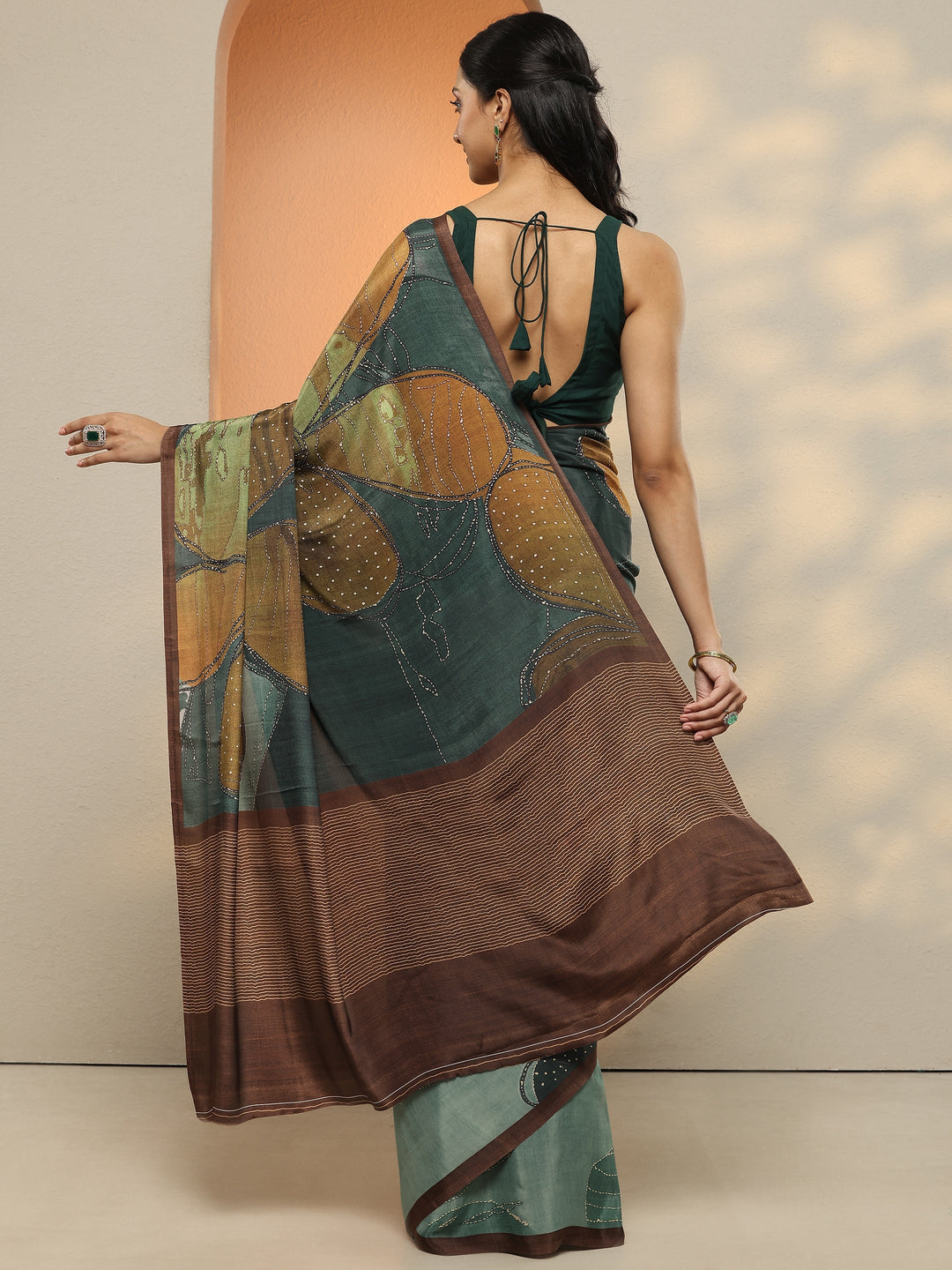  Green Abstract Printed Silk Blend Saree With Unstitched Blouse Piece 