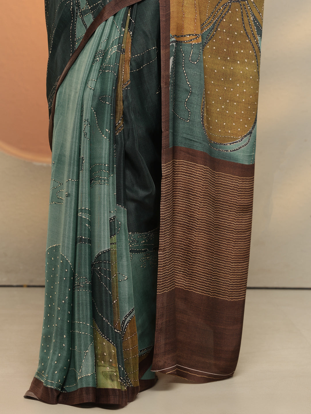  Green Abstract Printed Silk Blend Saree With Unstitched Blouse Piece 