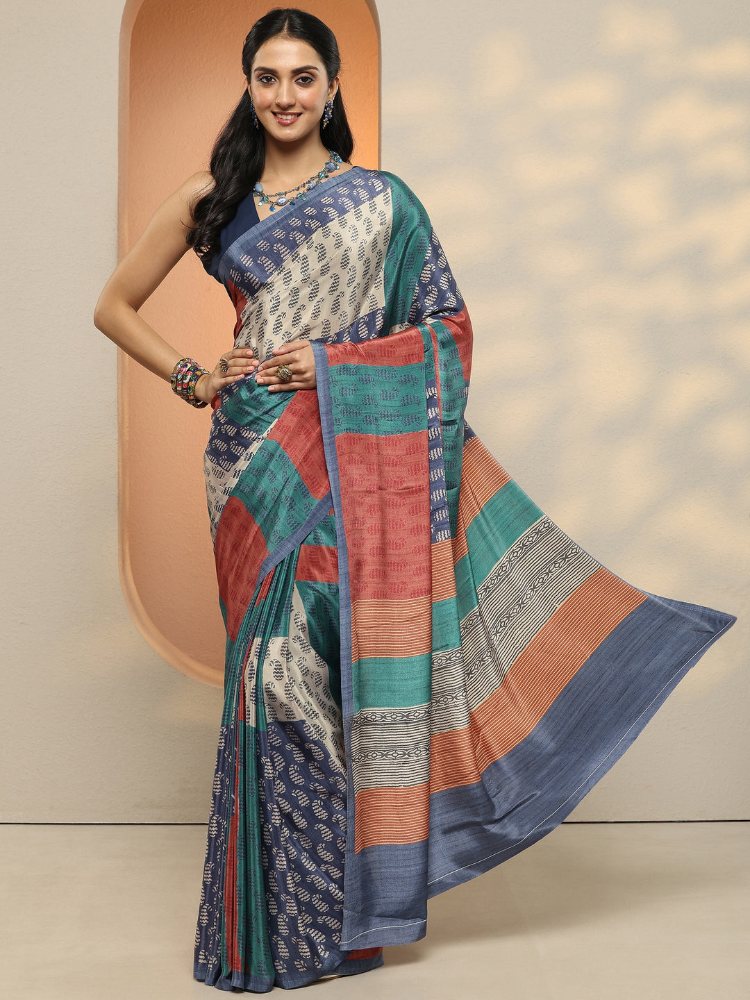  Multi Paisley Printed Silk Blend Saree With Unstitched Blouse Piece 