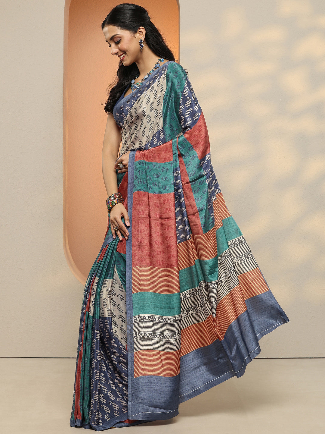  Multi Paisley Printed Silk Blend Saree With Unstitched Blouse Piece 