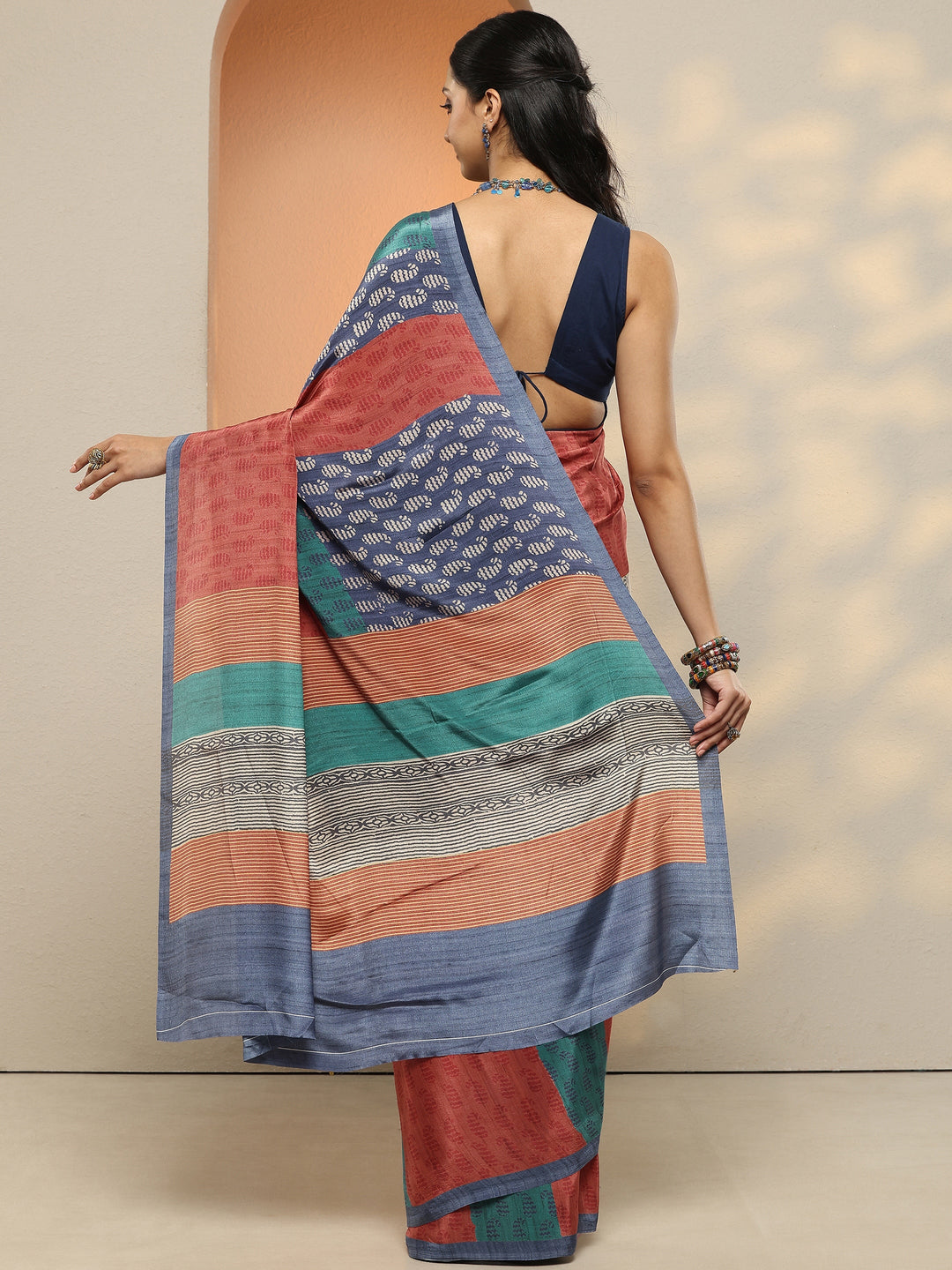  Multi Paisley Printed Silk Blend Saree With Unstitched Blouse Piece 