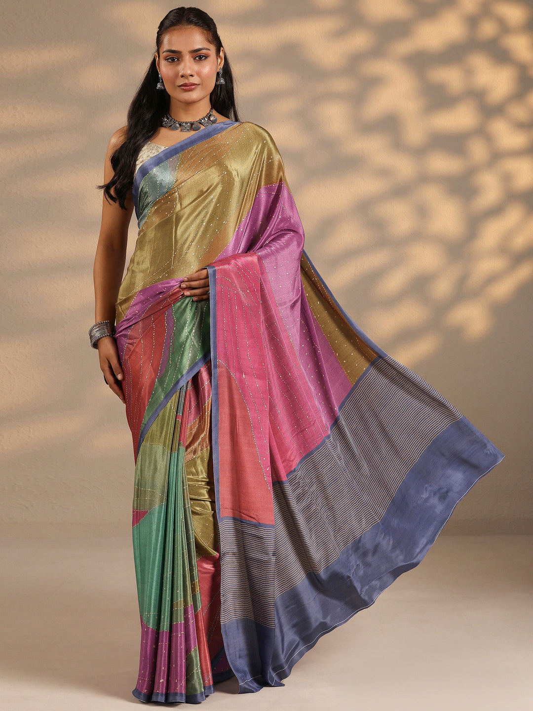  Multi Woven Design Silk Blend Saree With Unstitched Blouse Piece 