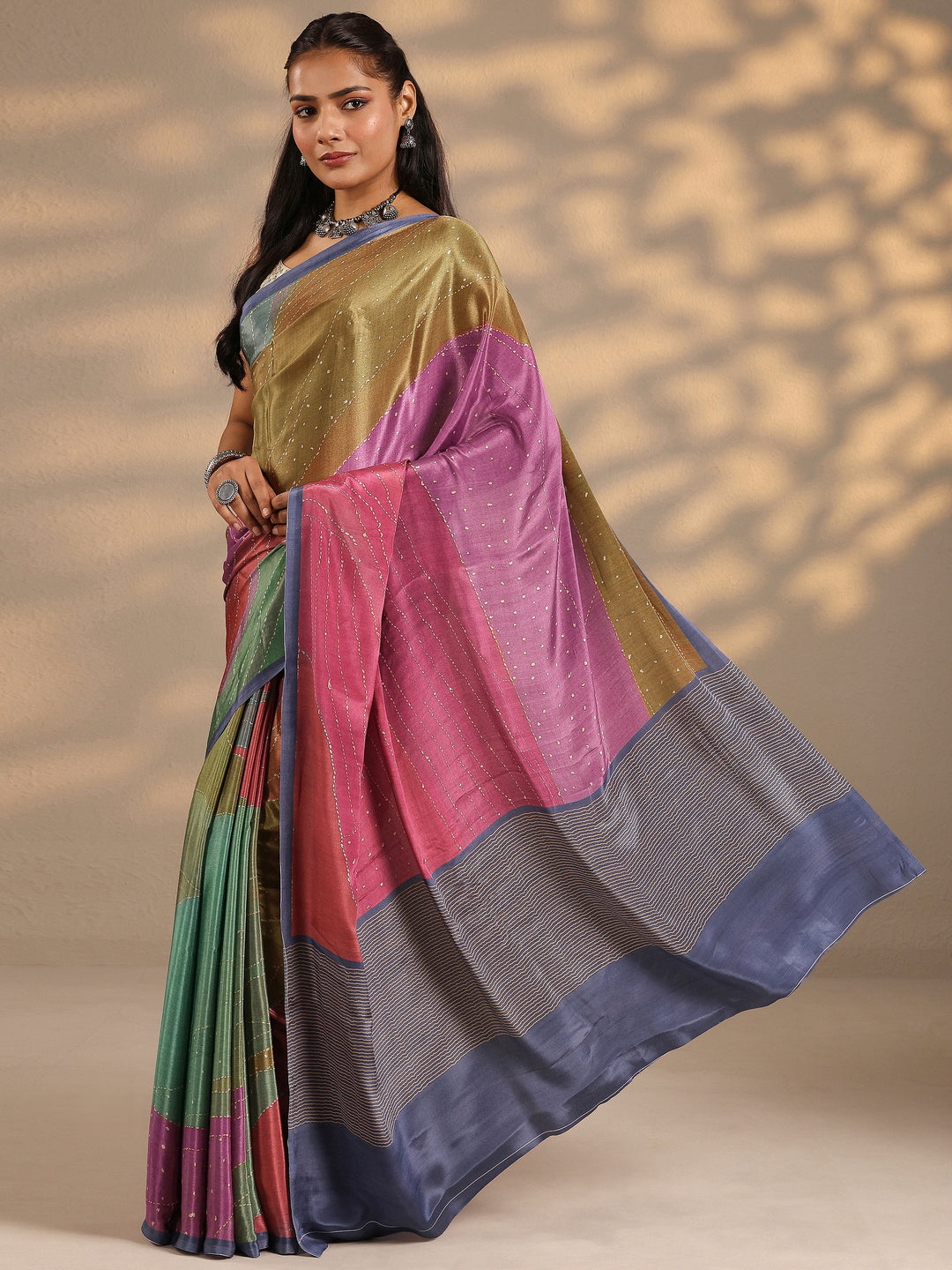  Multi Woven Design Silk Blend Saree With Unstitched Blouse Piece 