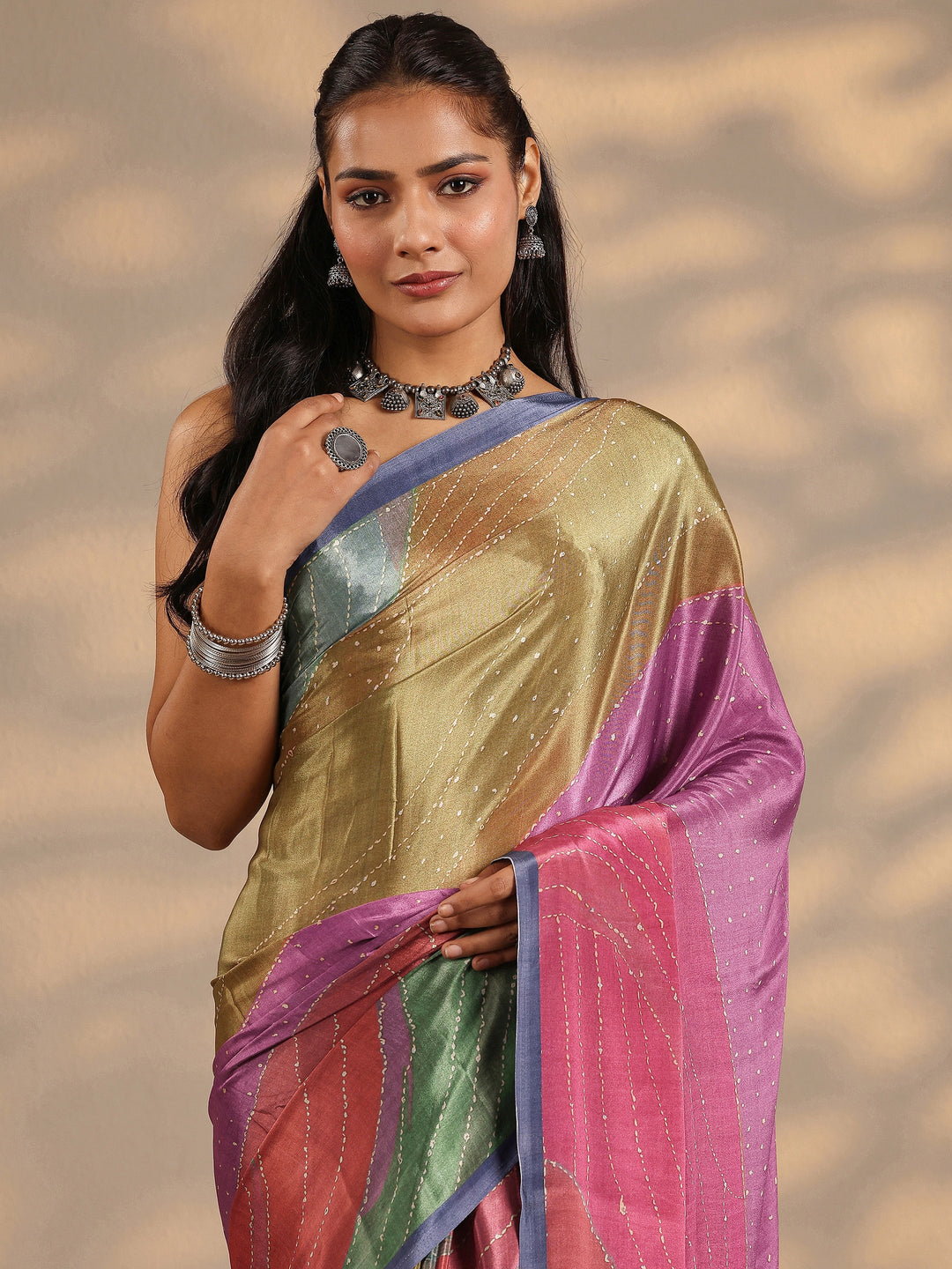  Multi Woven Design Silk Blend Saree With Unstitched Blouse Piece 