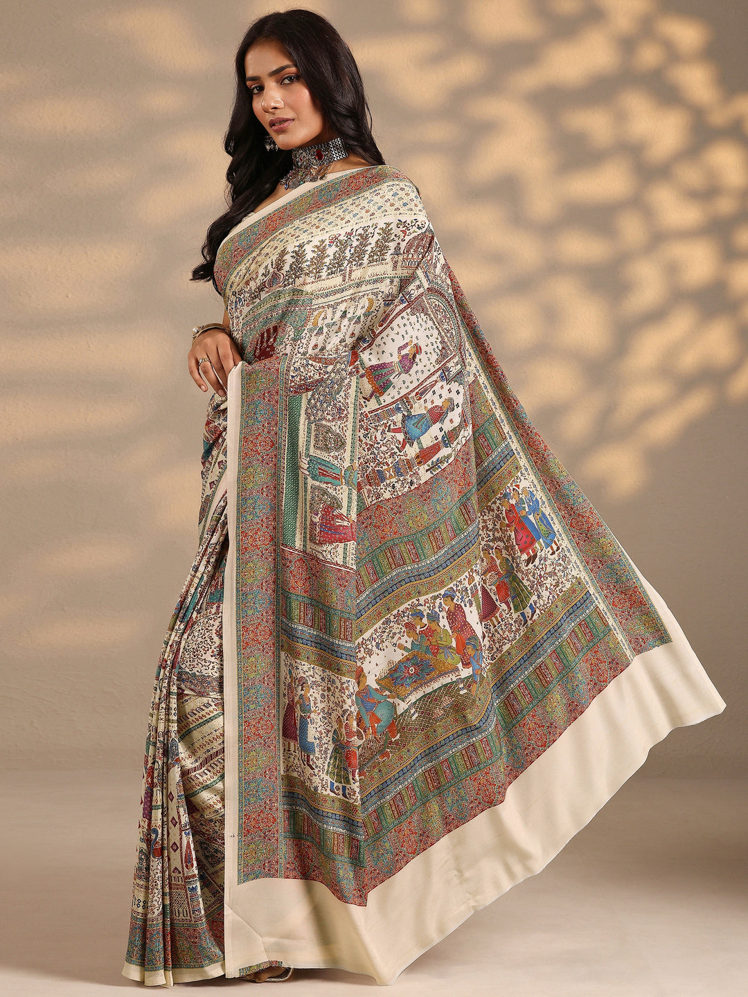  Multi Tribal Printed Silk Blend Saree With Unstitched Blouse Piece 