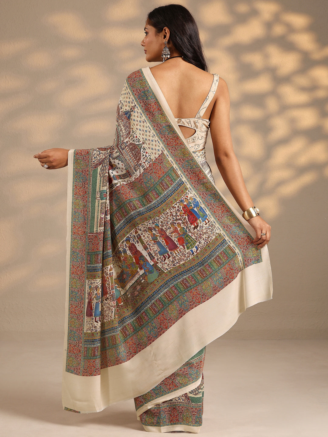  Multi Tribal Printed Silk Blend Saree With Unstitched Blouse Piece 
