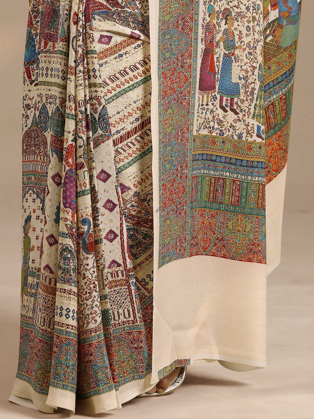  Multi Tribal Printed Silk Blend Saree With Unstitched Blouse Piece 