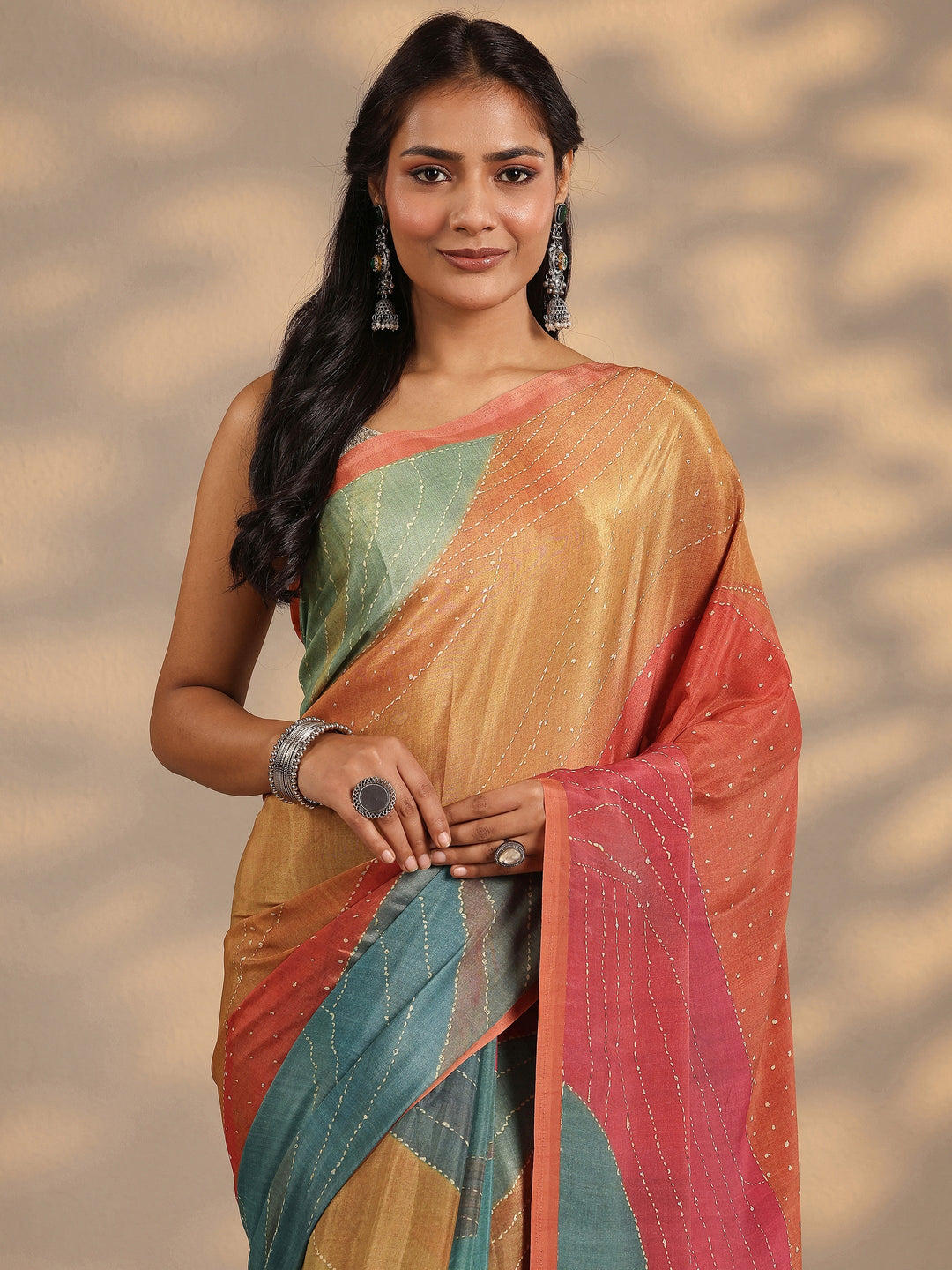  Multi Striped Printed Silk Blend Saree With Unstitched Blouse Piece 