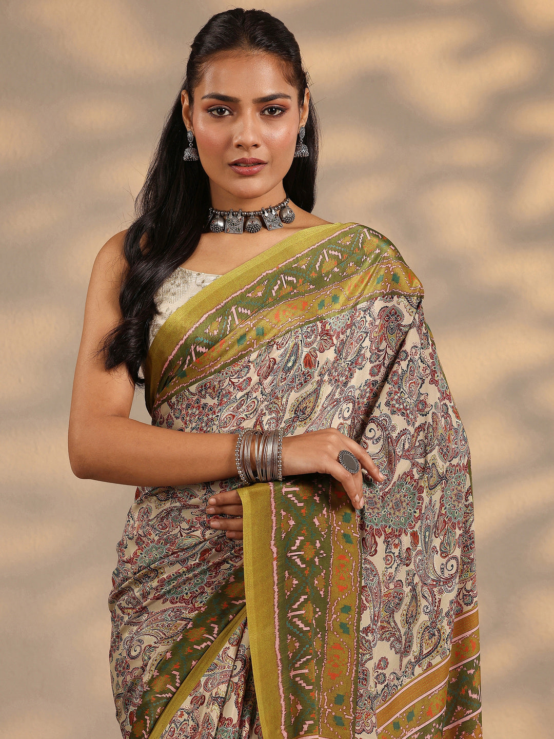  Multi Printed Silk Blend Saree With Unstitched Blouse Piece 