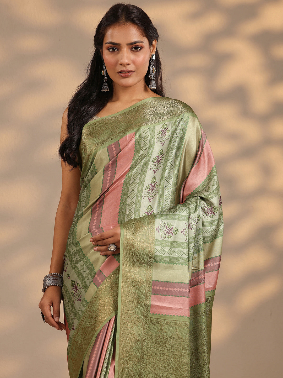  Multi Printed Silk Blend Saree With Unstitched Blouse Piece 