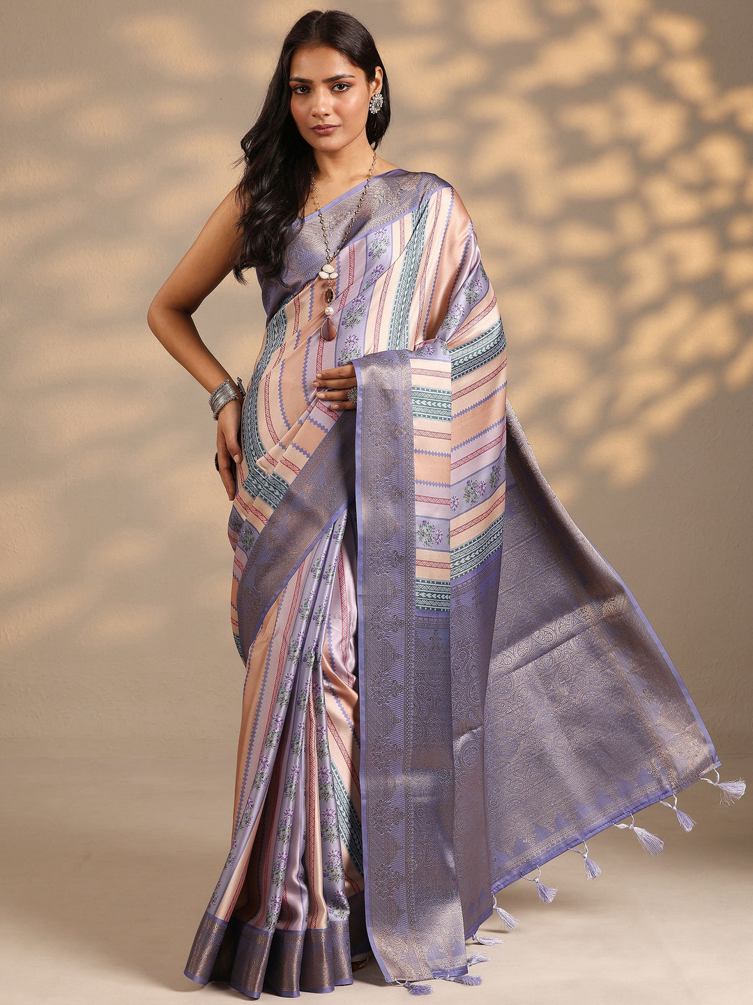  Multi Printed Silk Blend Saree With Unstitched Blouse Piece 