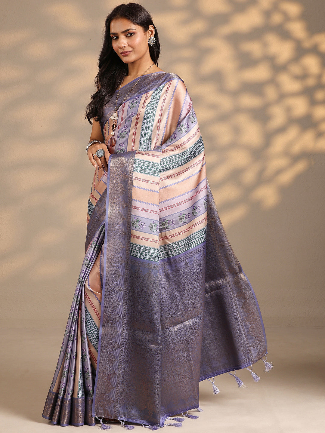  Multi Printed Silk Blend Saree With Unstitched Blouse Piece 