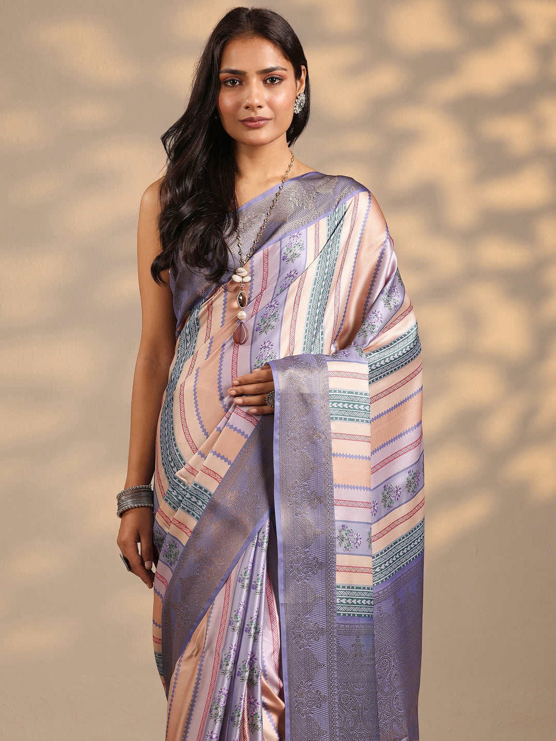  Multi Printed Silk Blend Saree With Unstitched Blouse Piece 