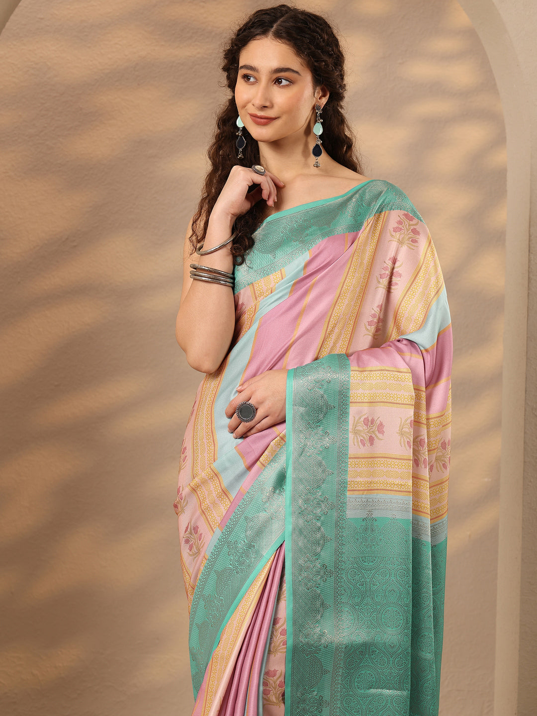  Multi Printed Silk Blend Saree With Unstitched Blouse Piece 