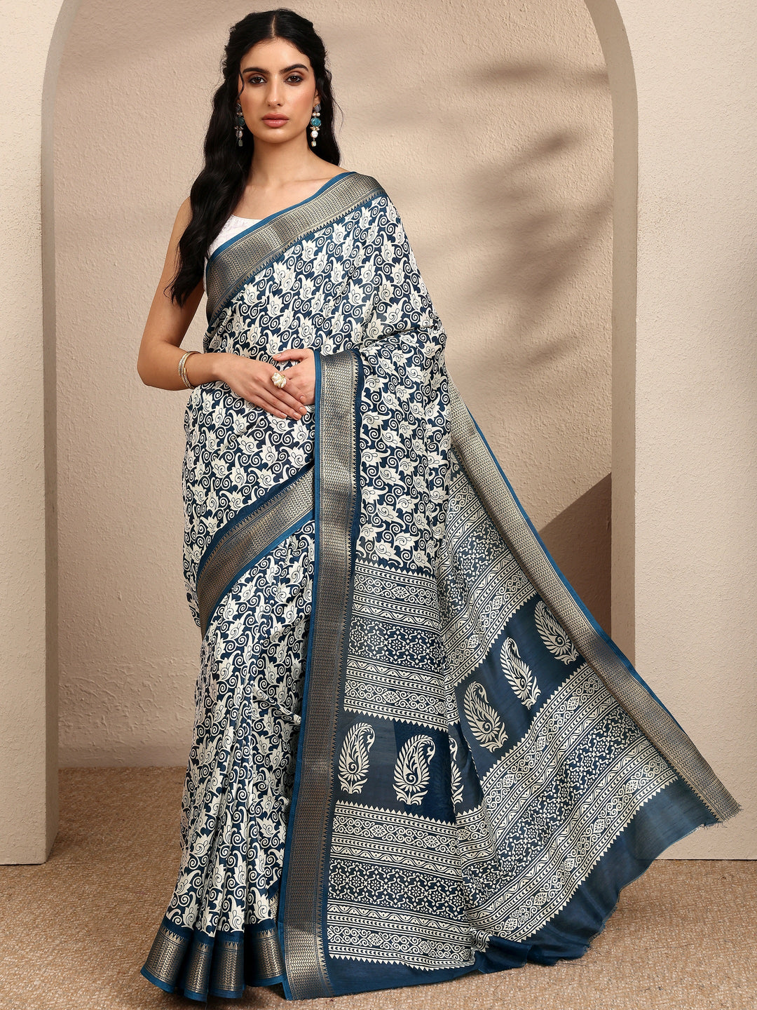  Navy Blue Printed Silk Blend Saree With Unstitched Blouse Piece 