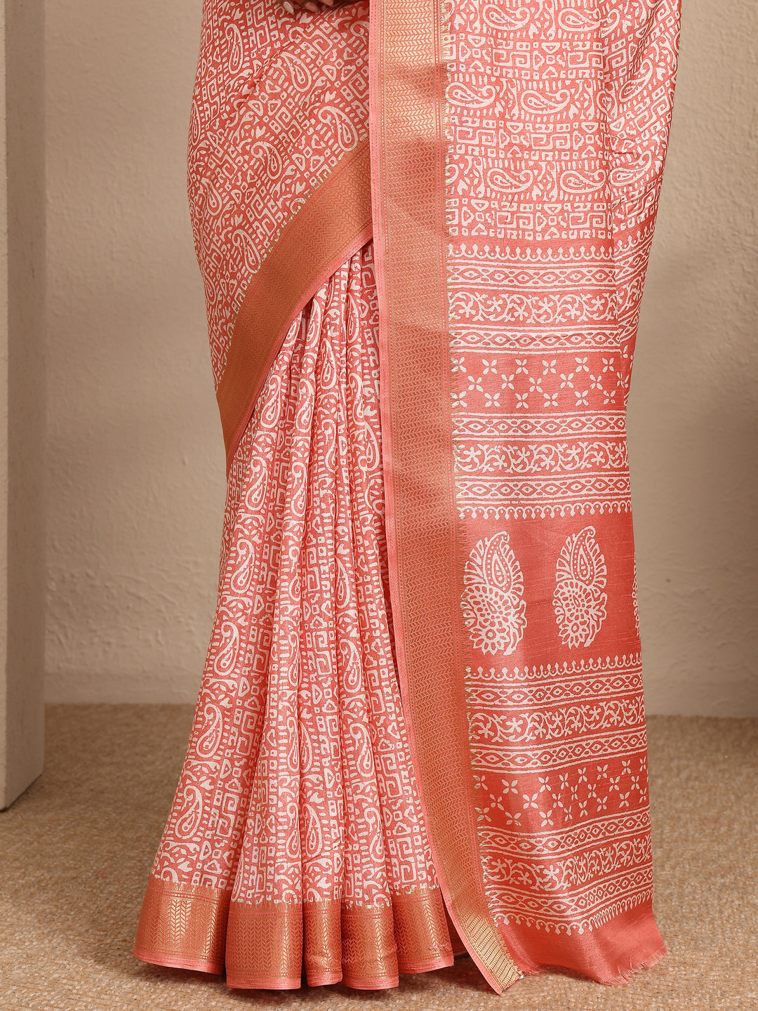  Orange Paisley Printed Silk Blend Saree With Unstitched Blouse Piece 