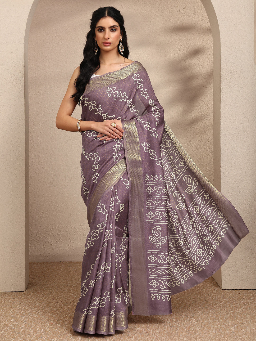  Mauve Bandhani Printed Silk Blend Saree With Unstitched Blouse Piece 