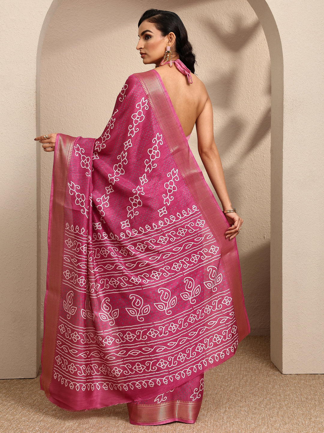  Pink Bandhani Printed Silk Blend Saree With Unstitched Blouse Piece 