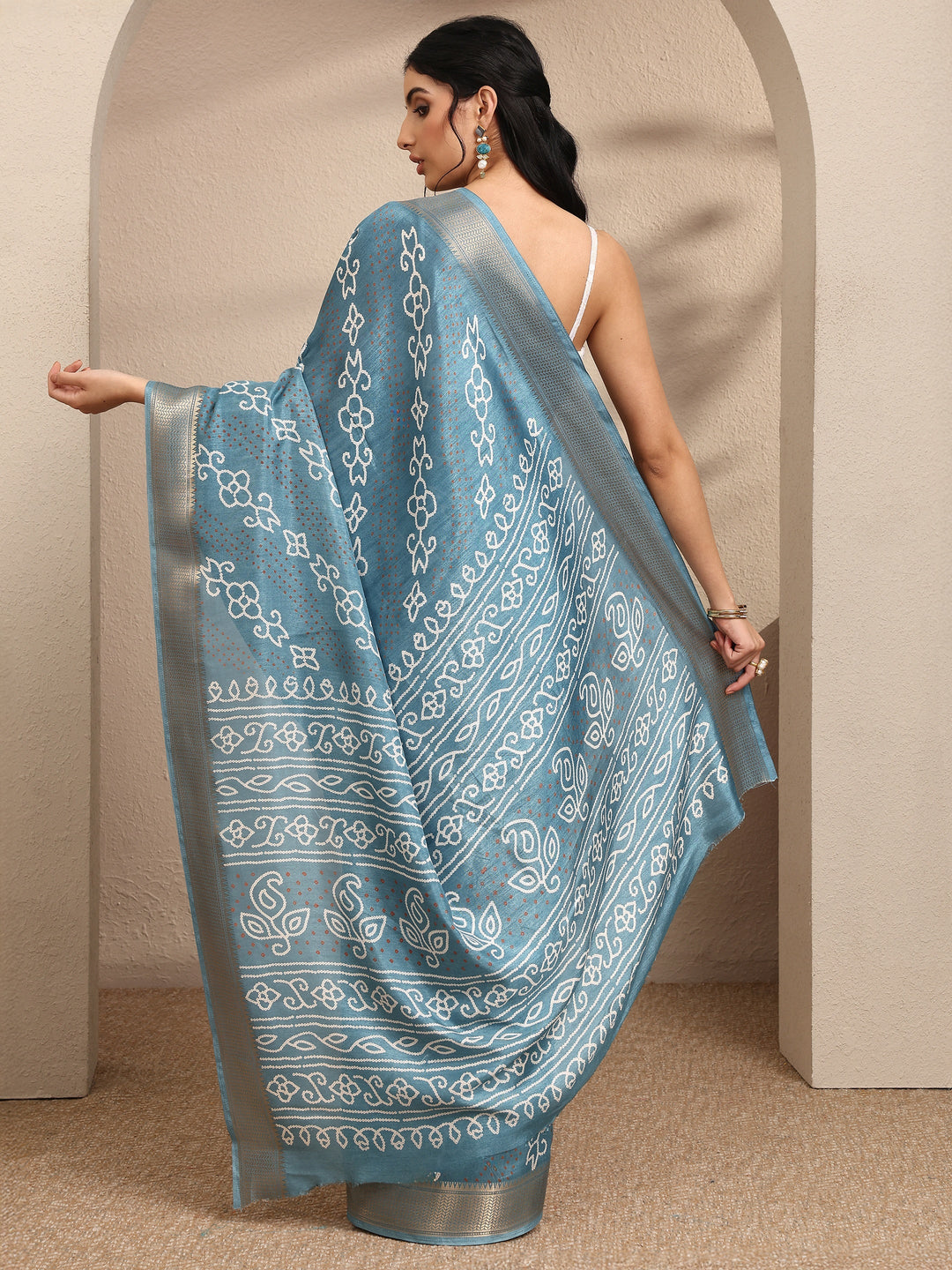  Blue Bandhani Printed Silk Blend Saree With Unstitched Blouse Piece 