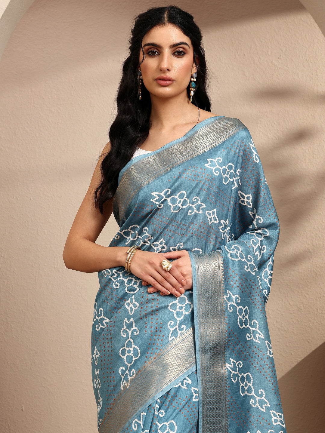  Blue Bandhani Printed Silk Blend Saree With Unstitched Blouse Piece 