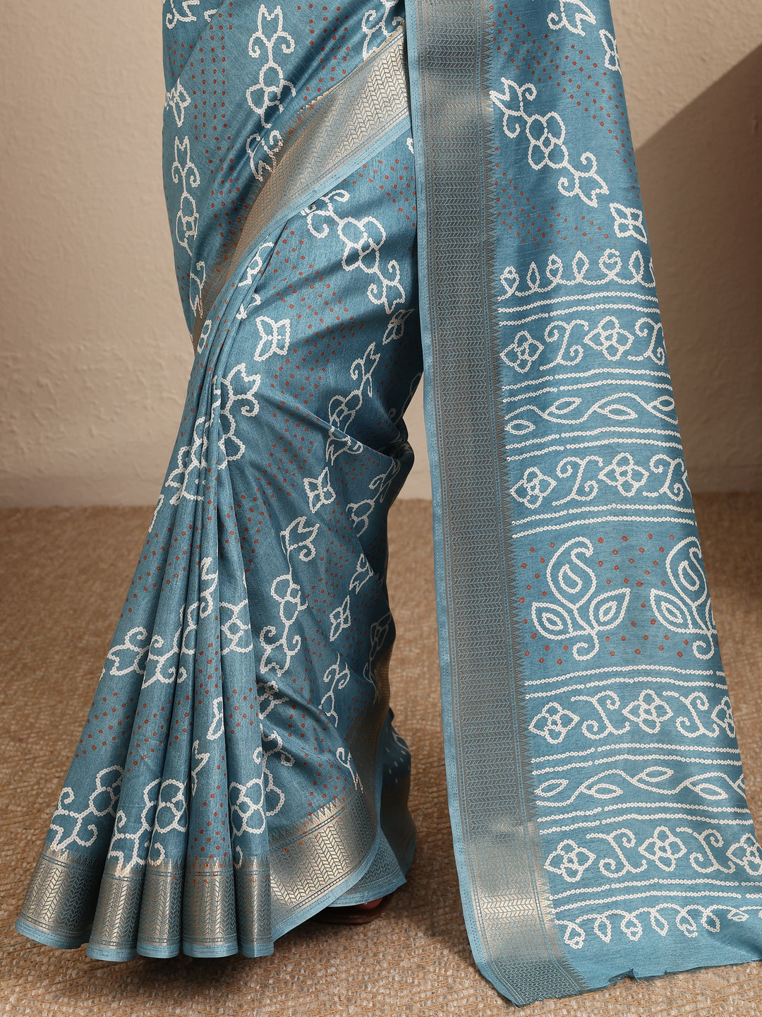  Blue Bandhani Printed Silk Blend Saree With Unstitched Blouse Piece 