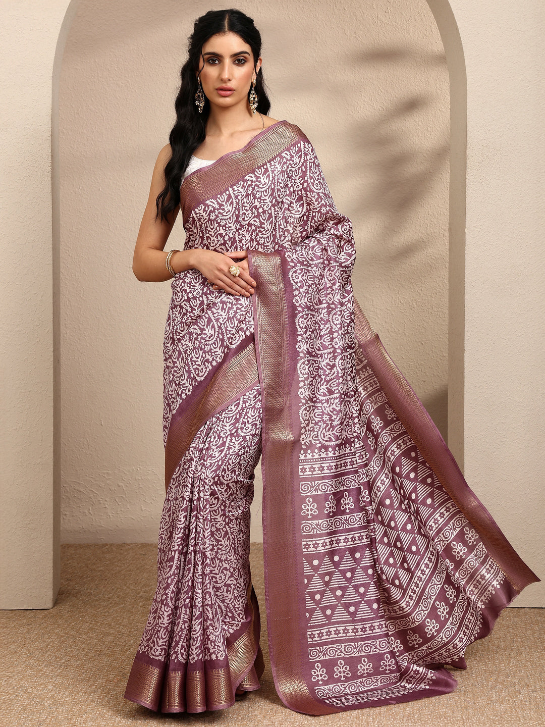 Purple Printed Silk Blend Saree With Unstitched Blouse Piece 