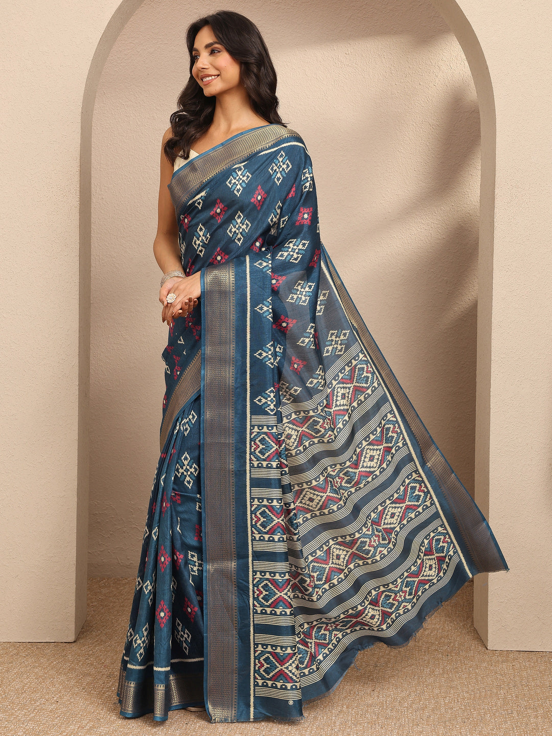  Teal Ikkat Printed Silk Blend Saree With Unstitched Blouse Piece 