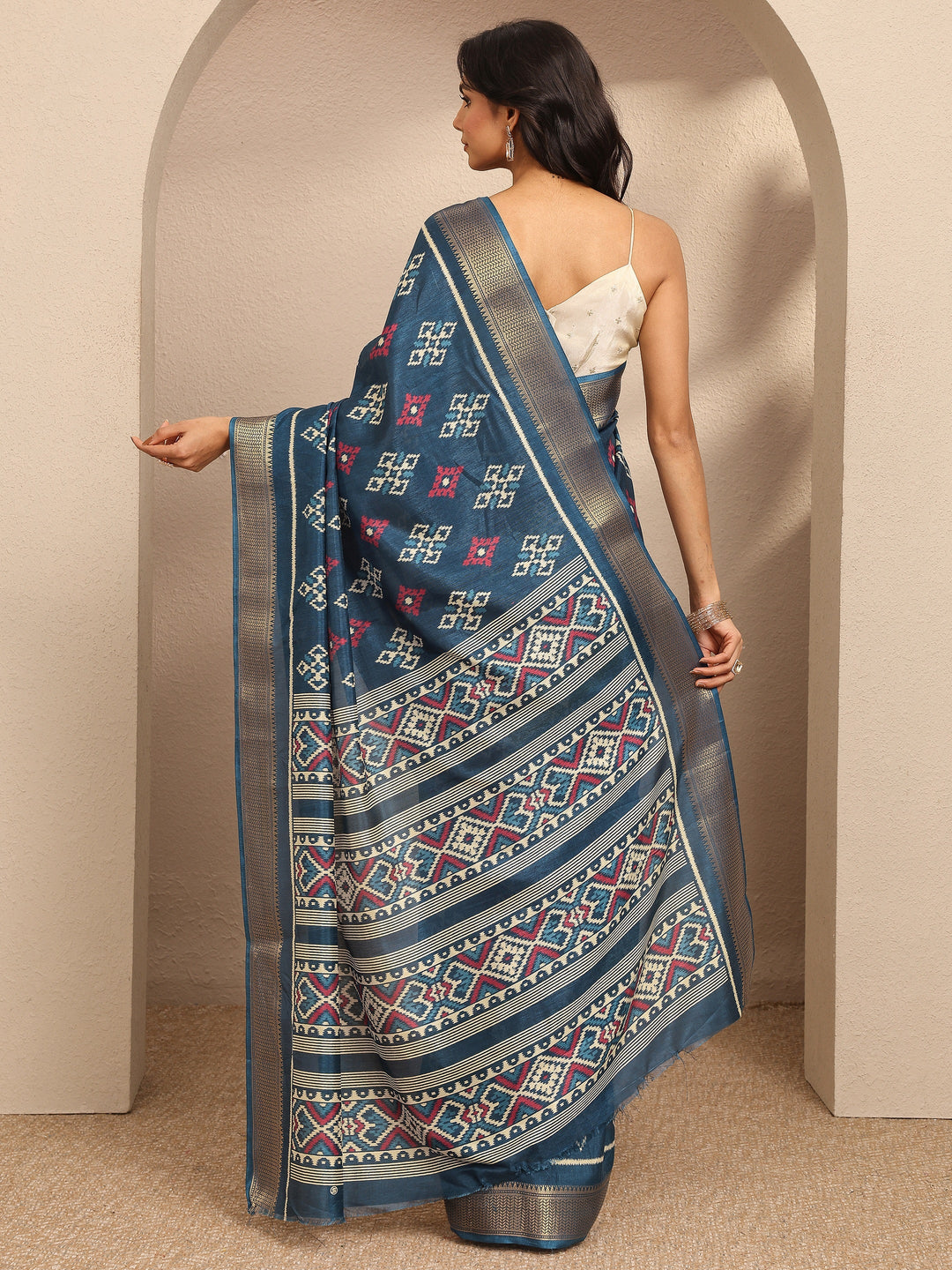  Teal Ikkat Printed Silk Blend Saree With Unstitched Blouse Piece 