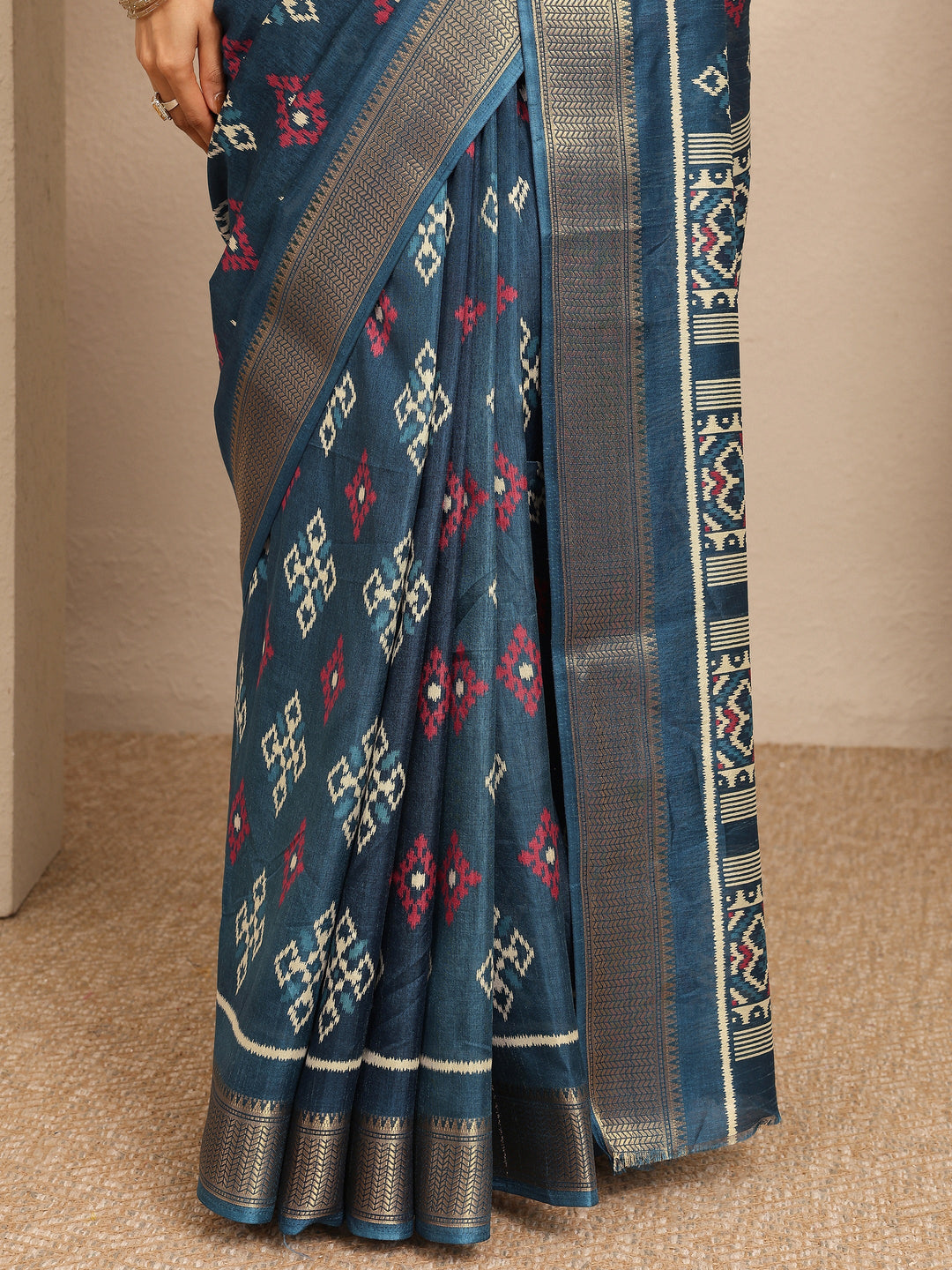  Teal Ikkat Printed Silk Blend Saree With Unstitched Blouse Piece 
