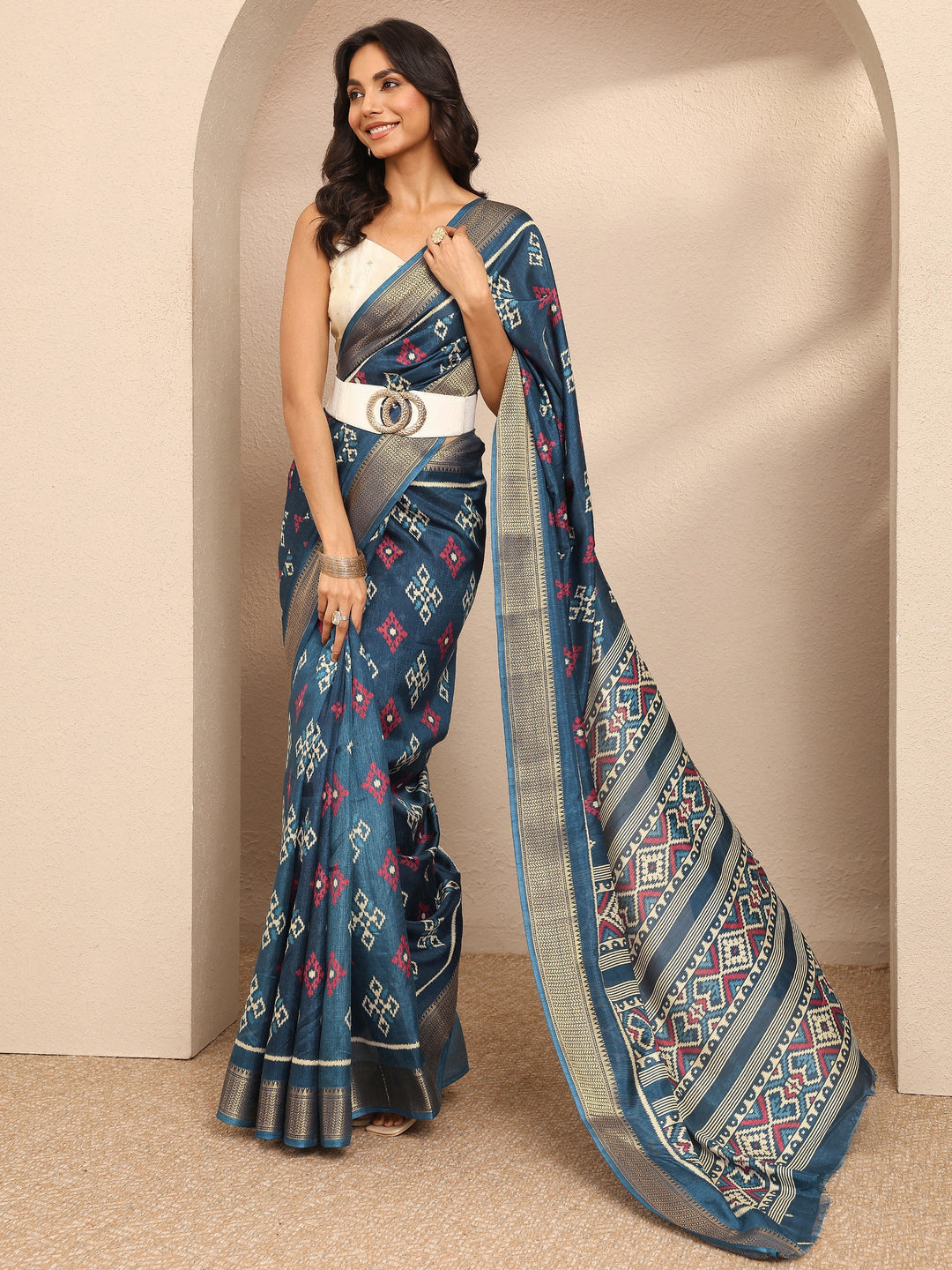  Teal Ikkat Printed Silk Blend Saree With Unstitched Blouse Piece 