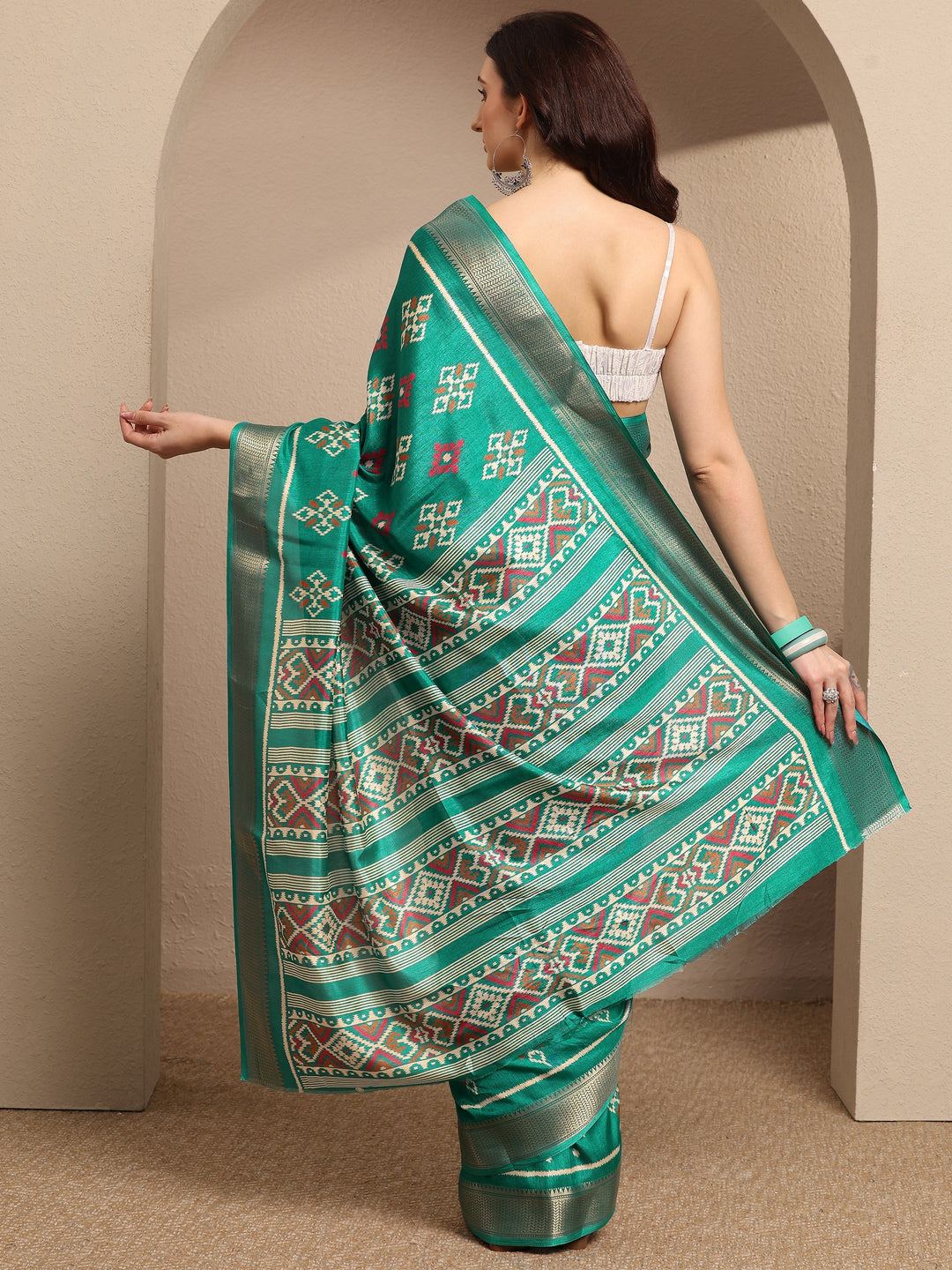  Green Ikkat Printed Silk Blend Saree With Unstitched Blouse Piece 