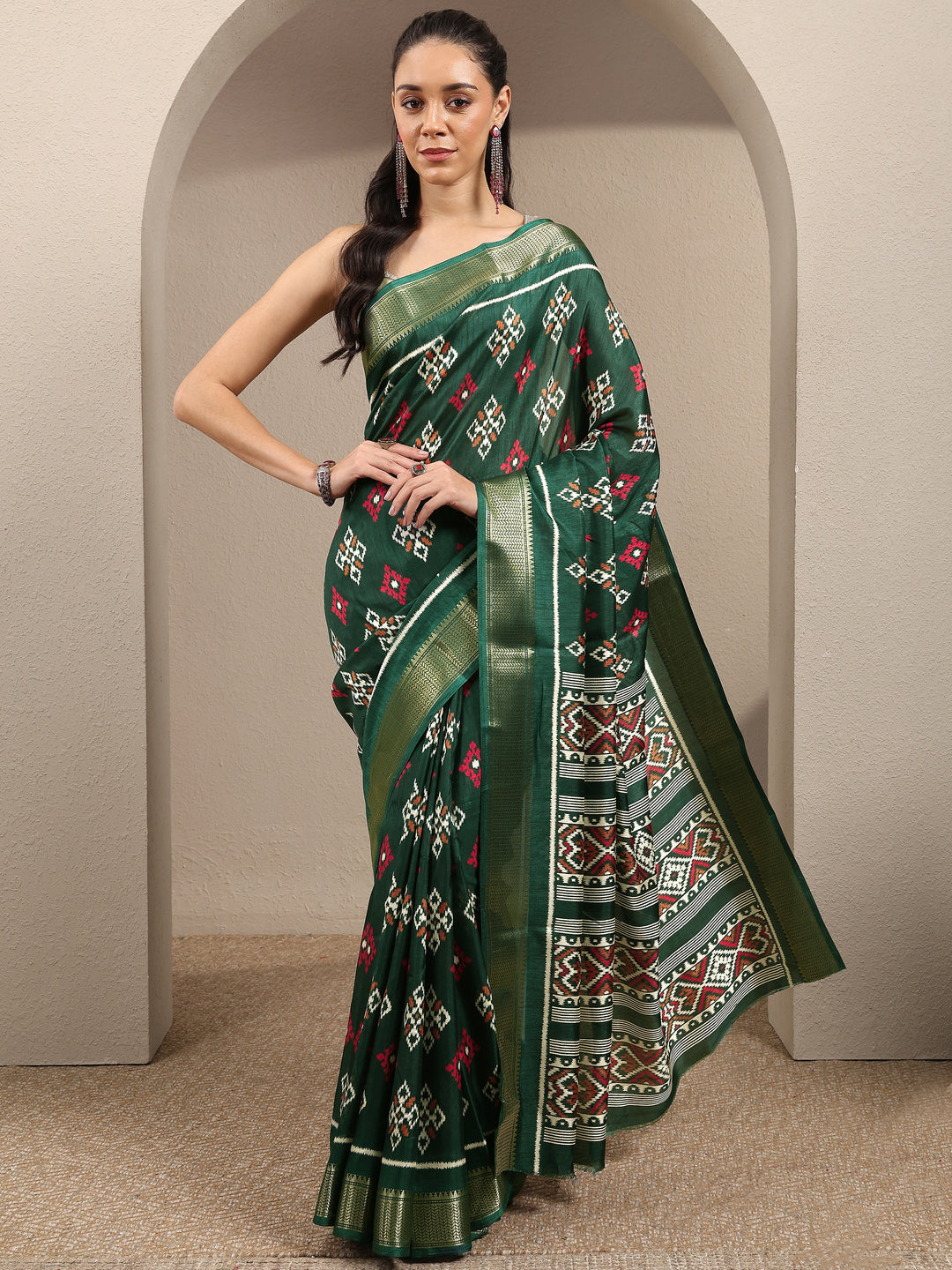  Green Ikkat Printed Silk Blend Saree With Unstitched Blouse Piece 