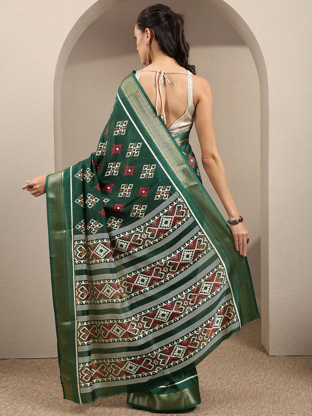  Green Ikkat Printed Silk Blend Saree With Unstitched Blouse Piece 