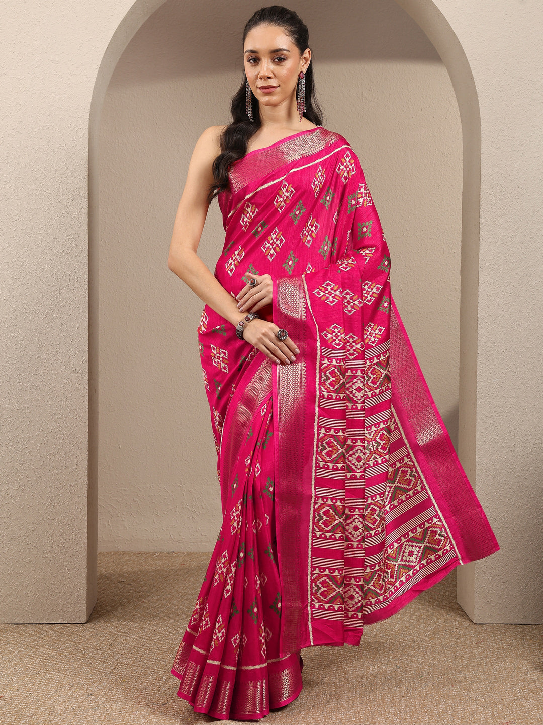  Pink Ikkat Printed Silk Blend Saree With Unstitched Blouse Piece 