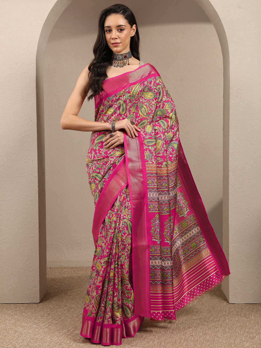  Pink Paisley Printed Silk Blend Saree With Unstitched Blouse Piece 