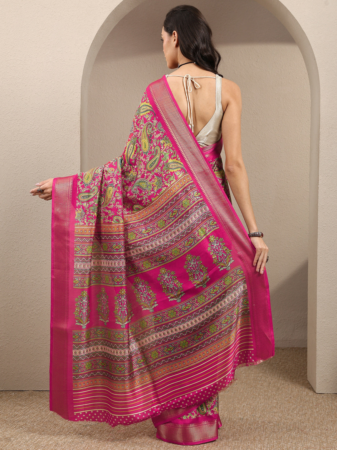  Pink Paisley Printed Silk Blend Saree With Unstitched Blouse Piece 