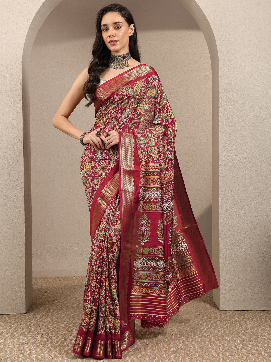  Brown Paisley Printed Silk Blend Saree With Unstitched Blouse Piece 