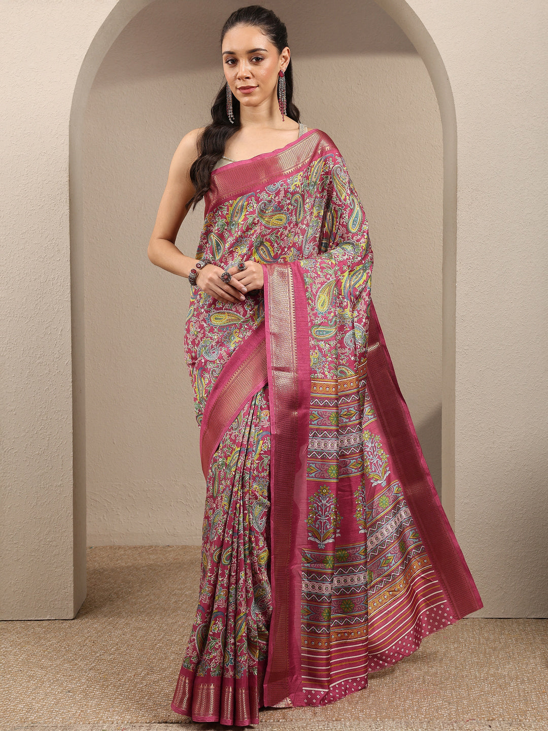  Pink Paisley Printed Silk Blend Saree With Unstitched Blouse Piece 